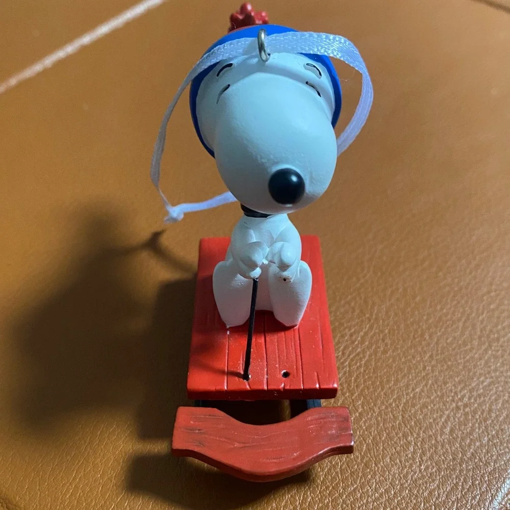 READ Hallmark Peanuts Snoopy on Sled Christmas Ornament Multi-Color Striped Hat